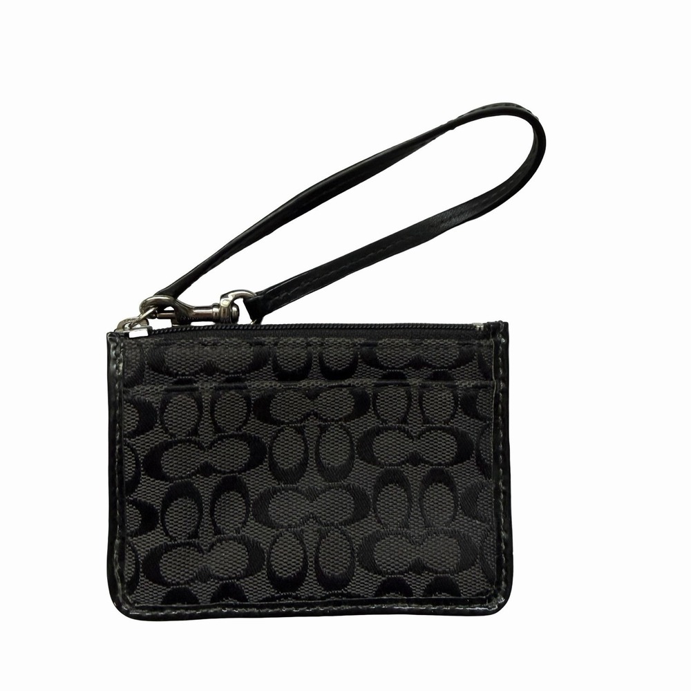 Vintage Coach C Signature Fabric Patent Leather Trim Wristlet Black‎ Card Wallet